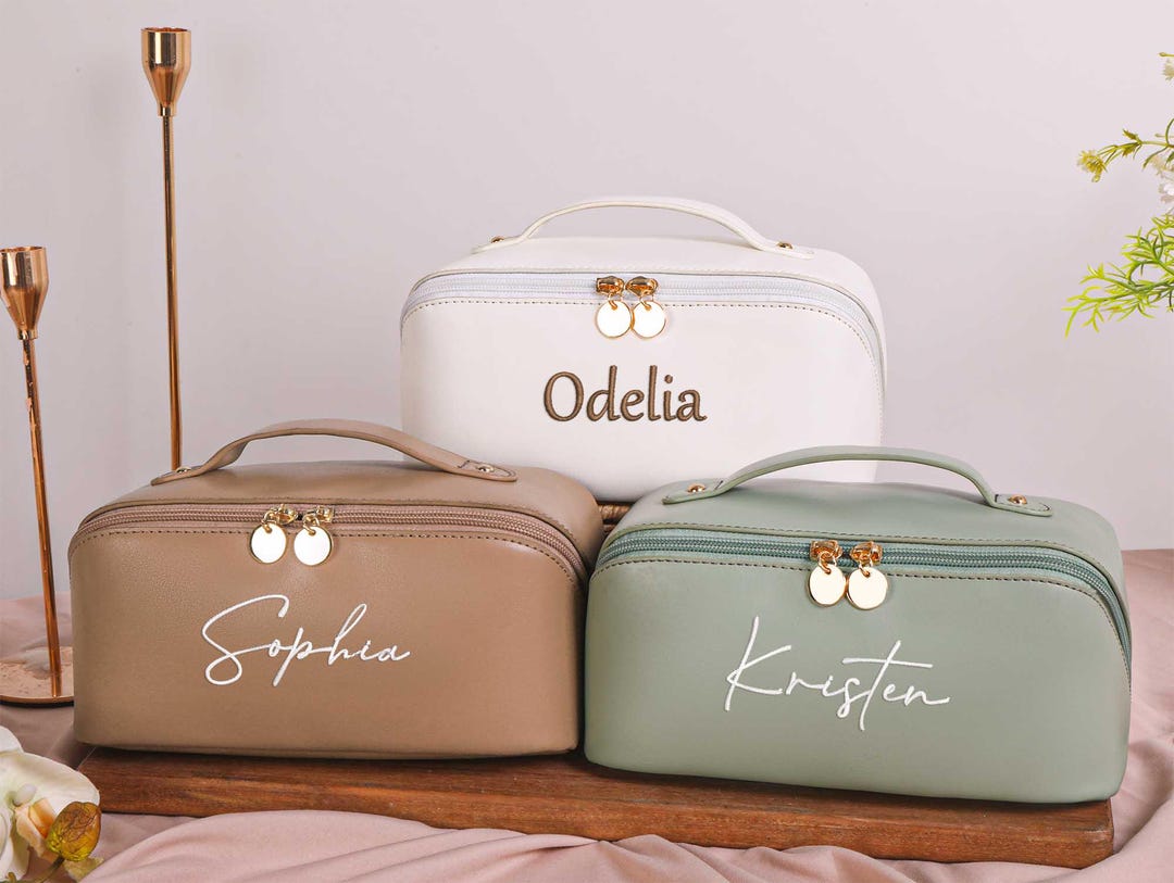 Custom Name Birth Flower Toiletry Bag, Multi-layer PU Leather Cosmetic Bag With Bow Handle, Birthday/Mother's Day/Wedding Gift For Her/Mom/Bridesmaids