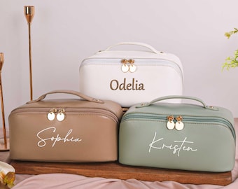 Bolsa de maquillaje bordada de cuero personalizada, bolsa de cosméticos de gran capacidad personalizada, regalos de dama de honor, regalo para mujeres, regalo de despedida de soltera