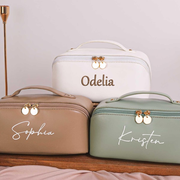 Nécessaire de maquiagem personalizada em couro bordado, bolsa de cosméticos grande e personalizada, presente para mulheres, presente para ela, presente para a mãe