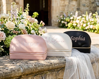 Personalized Embroidered Leather Makeup Bag, Dual Compartment Cosmetic Organizer