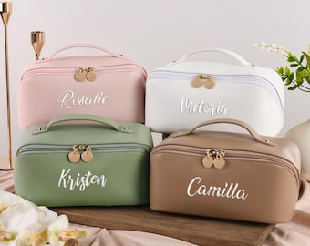 Personalized Leather Embroidered Makeup Bag, Custom Large Capacity Cosmetic Bag, Bridesmaid Gifts