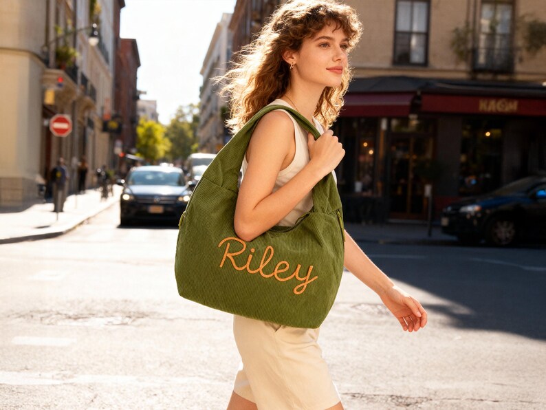 May include: Olive green tote bag with the name "Riley" embroidered in orange script. The bag is carried over the shoulder. The image is taken outdoors on a city street.