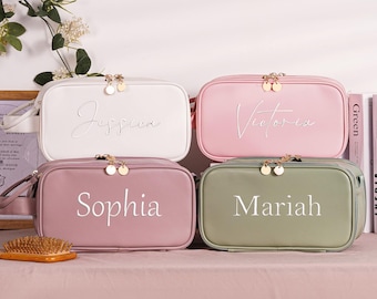 Personalized Embroidered Leather Makeup Bag, Large Capacity Cosmetic Bag, Bridesmaid Gifts, Bridal Shower Gift, Travel Storage Organizer