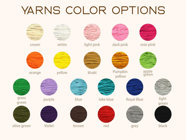 May include: A color chart displaying yarn color options. The text "YARNS COLOR OPTIONS" is at the top. The chart features 20 yarn color swatches, each labeled with a color name, including cream, white, pinks, orange, yellow, khaki, green, purple, blue, red, grey, and black.