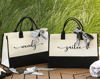 Custom Bridesmaid Burlap Bags, Personalized Beach Tote Bags, Bridesmaid Gifts Bags & Monogram Ribbon, Canvas Jute Tote Gift Bags