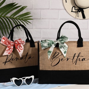 Sacs de plage personnalisés, sacs cadeaux de demoiselle d'honneur et écharpe monogramme, sacs de demoiselle d'honneur personnalisés, sacs-cadeaux cabas en toile de jute pour elle
