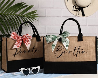 Personalized Beach Tote Bags, Bridesmaid Gifts Bags & Monogram Scarf, Custom Bridesmaid Burlap Bags, Canvas Jute Tote Gift Bags for Her
