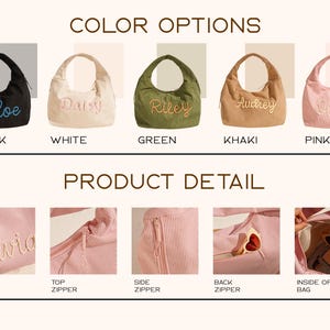 May include: A collection of personalized tote bags in various colors: black, white, green, khaki, and pink. Each bag features an embroidered name. Product details include top, side, and back zippers, and the inside of the bag.