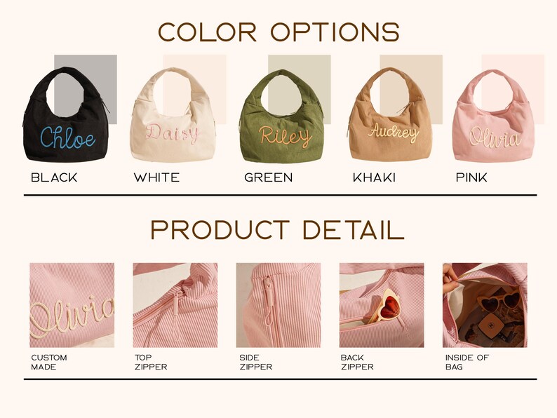 May include: A collection of personalized tote bags in various colors: black, white, green, khaki, and pink. Each bag features an embroidered name. Product details include top, side, and back zippers, and the inside of the bag.