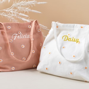 Personalisierte gestickte Gänseblümchen-Markttasche mit Hand, nachhaltige Tasche für Lebensmittel und mehr