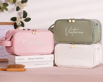 Personalized Embroidered Leather Makeup Bag, Large Capacity Cosmetic Bag, Bridesmaid Gifts, Bridal Shower Gift, Travel Storage Organizer