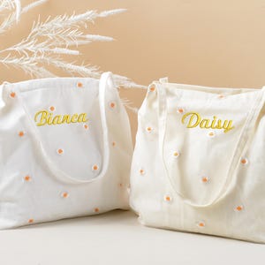Bolsa de lino personalizada con margaritas bordadas a mano, bolsa sostenible para comestibles y más