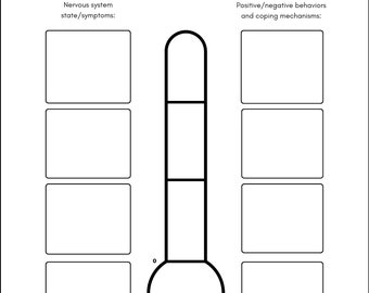 May include: A printable worksheet with a thermometer in the center and boxes on either side. The boxes are labeled "Nervous system state/symptoms" and "Positive/negative behaviors and coping mechanisms". The text "What's your emotional temperature?" is at the top of the page.