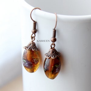 Copper Autumn Amber Brown Lampwork Glass Dangle Dangling Earrings Jewelry Simple Everyday Bohemian Hippie Stylish Christmas Gift for Her
