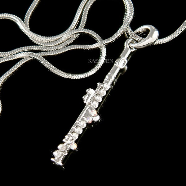 Swarovski Crystal Dainty Flute Piccolo Woodwind Instrument Music Musical Pendant Chain Charm Necklace Jewelry Christmas Best Friend Gift New