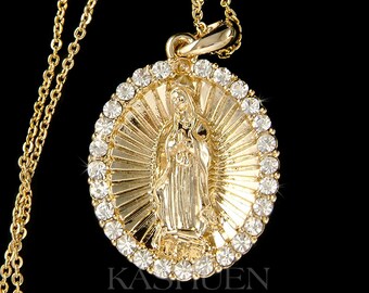 Swarovski Crystal Virgin Mary Our lady of Virgen de Guadalupe Religious Round 14K Gold Filled Necklace Women Men Unisex Jewelry Xmas Gift