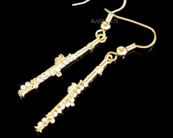 Swarovski Crystal Flute Woodwind Instrument Music Musical 14K Gold Filled Earrings Jewelry Christmas Piccolo Teacher 35th 40th Birthday Gift