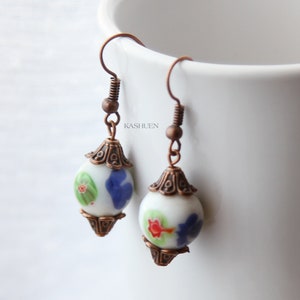 White Porcelain Flower Floral Abstract Earrings Copper Caps Dangle Dangling Earrings Jewelry Simple Everyday Bohemian Boho Christmas Gift
