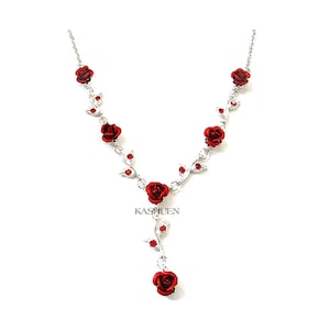 Swarovski Crystal Rich Red Rose Flower Floral Charm Pendant Chain Necklace Christmas Best Friend Bridal Bridesmaids Jewelry 30 Birthday Gift