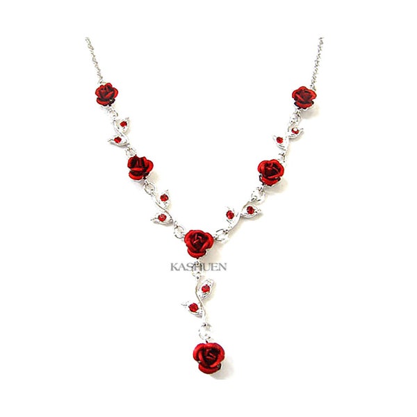 Swarovski Crystal Rich Red Rose Flower Floral Charm Pendant Chain Necklace Christmas Best Friend Bridal Bridesmaids Jewelry 30 Birthday Gift