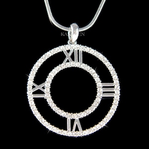 Swarovski Crystal Timeless Roman Numerals Necklace Big Double Circle Round Clock Face Charm Pendant Jewelry 50th 60 Birthday Christmas Gifts