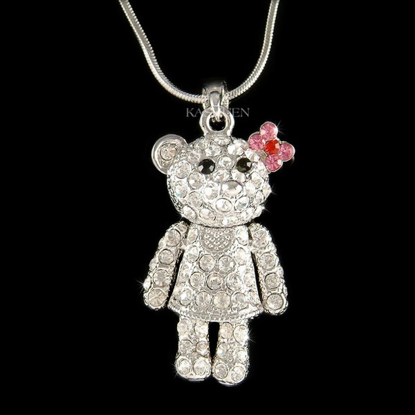 Swarovski Crystal 3D Movable Cuddly Teddy Bear Cute Pink Bow Dress Charm Little Girls Necklace Jewelry Teens Christmas Best Friends Gift New