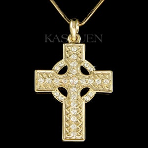 Swarovski Crystal Irish Celtic Sun CROSS God Lord Jesus Christ Religious Gold Tone Unisex Necklace Jewelry Christian Christmas Gift for Her