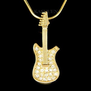 Swarovski Crystal ELECTRIC GUITAR Rock Music Musical Instrument Musician Gold Tone 18&quot; Chain Necklace Jewelry Christmas Best Friends New