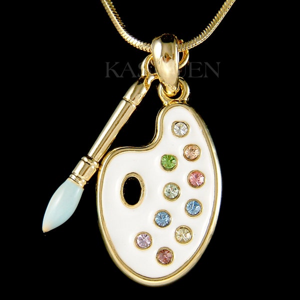 Swarovski Crystal Artist Painter Paint Palette White Enamel Paint Blue Brush Gold TN Necklace Jewelry Christmas Friend 18th 20 Birthday Gift