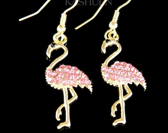 Swarovski Crystal Pink Flamingo Elegant Bird Nature Lover Dangle 14K Gold Filled Earrings Jewelry Best Friends Christmas Birthday Gift New