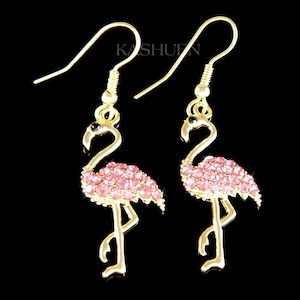 Swarovski Crystal Pink Flamingo Elegant Bird Nature Lover Dangle 14K Gold Filled Earrings Jewelry Best Friends Christmas 40th Birthday Gifts