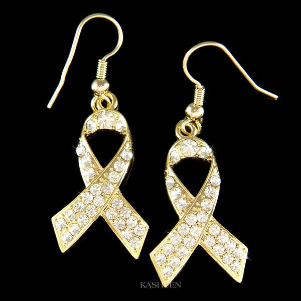 Swarovski Crystal Clear Lung Cancer Awareness Ribbon Charm Pendant Gold Tone Earrings Best Friends BFF Family Support Christmas Gift New