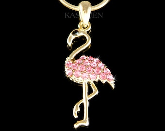 Swarovski Crystal Gold Flamingo Necklace, Bird Charm, Nature Lover Pendant, Pink Animal Jewelry, Christmas 50th 60th 70th 80th Birthday Gift