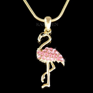 Swarovski Crystal Pink Flamingo Charm Gold Tone Necklace Bird Nature Lover Pendant Chain Jewelry Christmas 20th 30th 40th Birthday Gift New