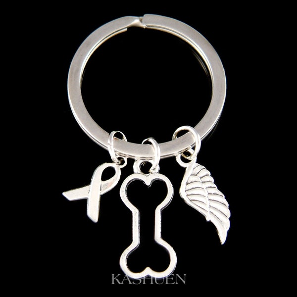 Dainty Angel wing Dog Bone Cancer Awareness Ribbon Keychain -Memorial Charm fit European Bracelet Memory Sympathy Gift Keepsake Loss Jewelry