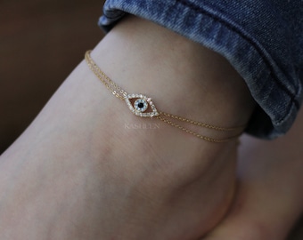 Swarovski Crystal Baby Blue Evil Eye Flower Amulet Nazar Protection Ward Off Charm Double 2 Chain 14K Gold Filled Turkey Israel Anklet New