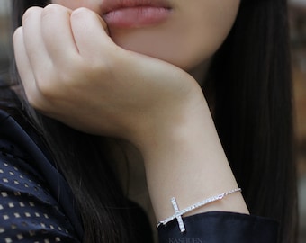 Swarovski Crystal Big Sideways Cross Sterling Silver Bracelet Religious Love God Jewelry 18th 19th 20th 21th 22th Birthday Christmas Gift