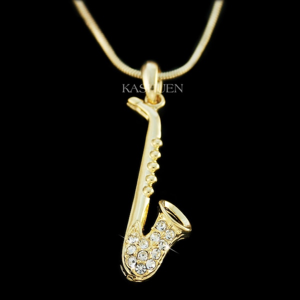 Swarovski Kristall Zierliche Gold TENOR ALTO Saxophon Musik Instrument Halskette Unisex Damen Schmuck Musiker Weihnachten Geschenk Neu