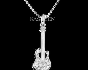 Collar con colgante de guitarra acústica de cristal Swarovski, plata de ley, joyería de instrumentos musicales, dije de música rock, regalos de Navidad y cumpleaños para músicos