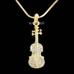 Swarovski Crystal Dainty Gold Violin Viola Cello Fiddle Musical Charm Pendant Chain Necklace Jewelry Christmas Best Friend BFF Musician Gift