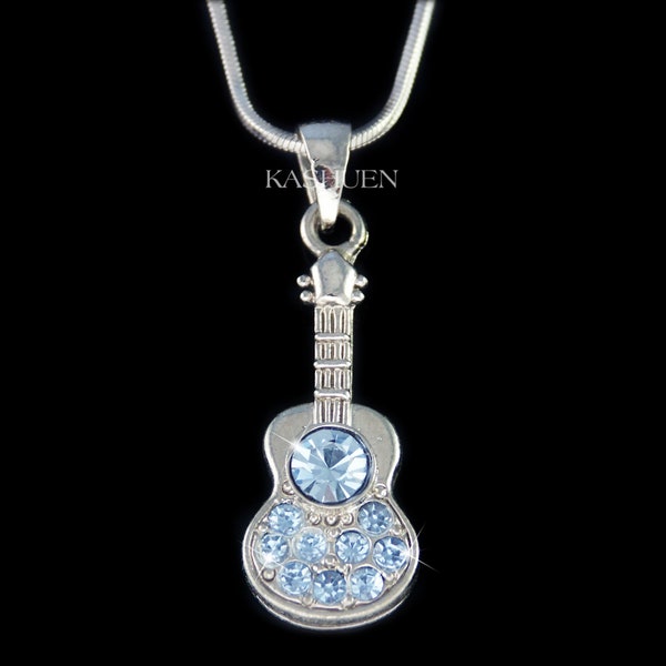 Swarovski Crystal Blue Acoustic Guitar Necklace Music Folk Classical Ukulele Jewelry Musical Musician Teacher Christmas 20 30 Birthday Gift