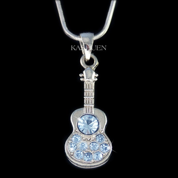 Swarovski Kristal Blauwe Akoestische Gitaar Ketting Muziek Folk Klassieke Ukelele Sieraden Muzikale Leraar Kerst 20 30 Verjaardagscadeau