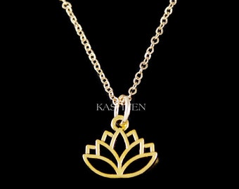 Dainty Gold Tone Lotus Flower Floral Zen Yoga Spiritual Jewelry Layering Necklace Keychain Christmas 40th 50th Buddhist Yogi Birthday Gift