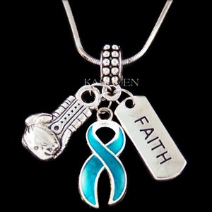 Teal Blue Ovarian Cervical Cancer Ribbon Awareness Faith 3D Boxing Glove Necklace Anxiety Disorder Myasthenia Gravis European Charm Bracelet
