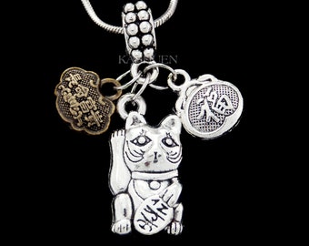 Collier chat porte-bonheur délicat, petit porte-clés Maneki-neko, breloque chat porte-bonheur, cadeaux pour animaux de compagnie, symbole de longévité de l'argent de la richesse japonaise