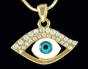 Swarovski Crystal Jewish Judaism Gold Plated Evil Eye Nazar Protection Charm Necklace