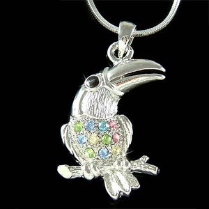 Swarovski Crystal Rainbow Tropical Toucan Parrot Necklace, Macaw Cockatiel psittacines Art Deco Bird Charm 30th 40th Birthday Christmas Gift