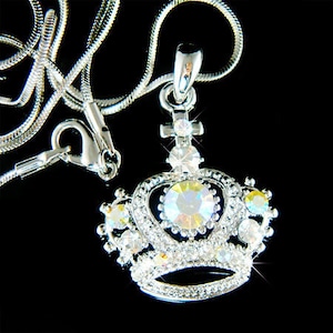 Swarovski Crystal Clear AB Crown and Cross Religious Christian Princess Royal Bridal Wedding Necklace Jewelry Best Friends Christmas Gifts