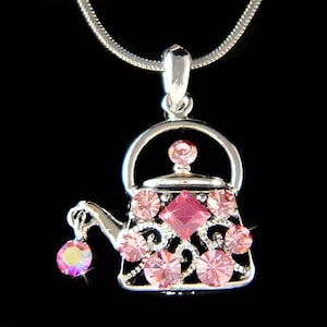Swarovski Crystal Pink Teapot TEA Party POT Kettle Jewelry Pendant Chain Necklace Christmas Best Friend 40th 50th 60th 70th 80 Birthday Gift
