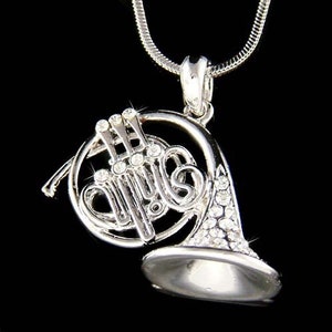 Swarovski Crystal Brass 3D FRENCH HORN trumpet cornet Music Musical Instrument Necklace Musician Christmas Band 30th 40th 50th Birthday Gift